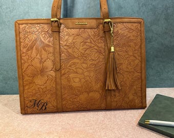 Laptop Tote Bag Personalized Work Carryall Women Teacher Gift Custom Monogram Leather Embossed Floral Professional Handbag Office Organizer