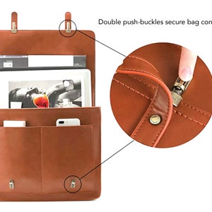 Buckle closure and outside pocket features of custom monogrammed leather laptop bag for women. Vegan leather office satchel for women with computer pocket. Personalized new job gift for professional woman. Custom graduation gift for daughter niece.