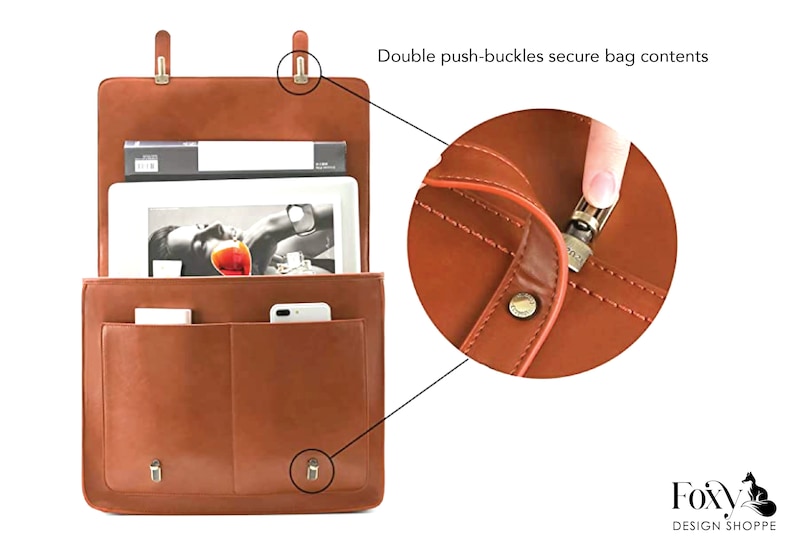 Additional features like buckles and exterior pockets for womens leather laptop bag with computer pocket. Monogrammed leather briefcase with laptop compartment for women. Custom leather office satchel for women with computer pocket for laptop.