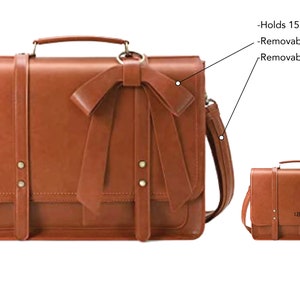 Exterior features of brown leather laptop bag. Ladies 15.6 inch laptop briefcase with bow, shoulder strap. Personalized monogram on tan leather laptop satchel for women. Vegan leather work bag for women with computer compartment laptop pocket