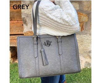 Personalized grey leather laptop bag for women, 15.6 laptop briefcase, 16 inch laptop messenger bag, promotion gift for her, graduation gift