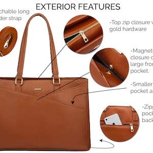 Exterior features of 15.6 laptop bag for women.  Laptop tote bag for women with computer pocket. detachable shoulder strap, zip closure, magnetic snap closures, zippered pocket on outside.  Leather work bag for her padded computer compartment.