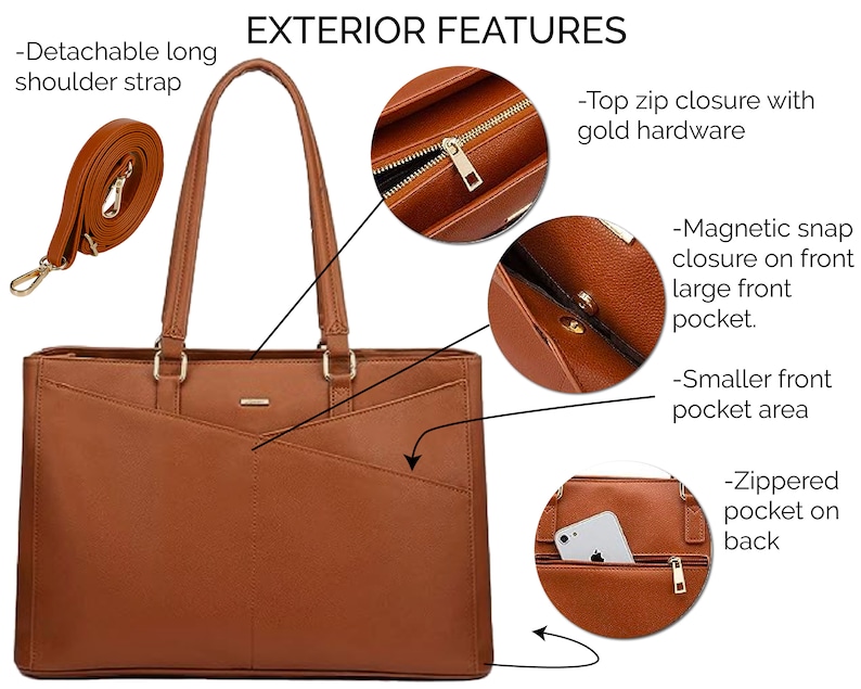 Exterior features of 15.6 laptop bag for women.  Laptop tote bag for women with computer pocket. detachable shoulder strap, zip closure, magnetic snap closures, zippered pocket on outside.  Leather work bag for her padded computer compartment.