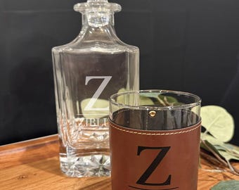 Personalized Whiskey Glass and Decanter Set with Engraved Sleeve: Groomsmen Gift, Custom barware gift for couple