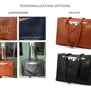 Personalization options for women leather laptop tote bag. Monogrammed leather computer bag for her. Brown leather carry-on bag for her with computer pocket. Black leather carry-on bag women with laptop compartment. Personalized work tote bag women