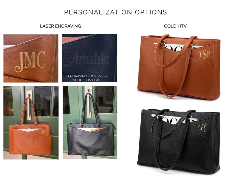 Personalization options for women leather laptop tote bag. Monogrammed leather computer bag for her. Brown leather carry-on bag for her with computer pocket. Black leather carry-on bag women with laptop compartment. Personalized work tote bag women