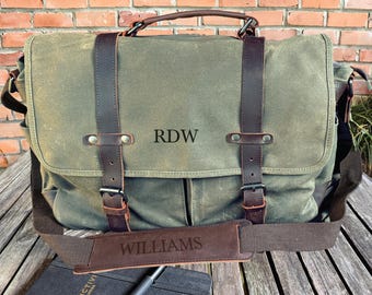 Waxed Canvas and Leather Laptop Messenger Bag for Men: Personalized New Job Gift, 15.6 computer briefcase, graduation idea for him