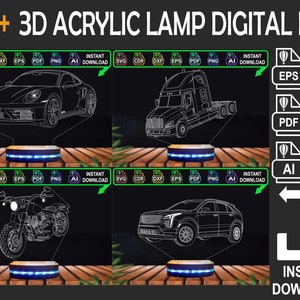 100+ 3D LED vector illusion acrylic lamp file, design for laser engraving led lamps, 3d led lamp cut file, 3d led lamp file vehicles bundle.