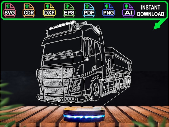 Euro Semi Truck Fh and Tipper Trailer Vector File, 3D Led Lamp File Lkw,  Laser Cut File, Dxf, Eps, Ai, Svg, Png, Pdf, Cdr. 