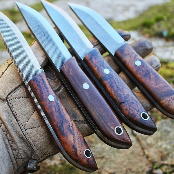 Bushcraft Knife, Camping Knife with Customized Wood Handle and Leather Sheath, W2 Carbon Steel Blade Survival Knives