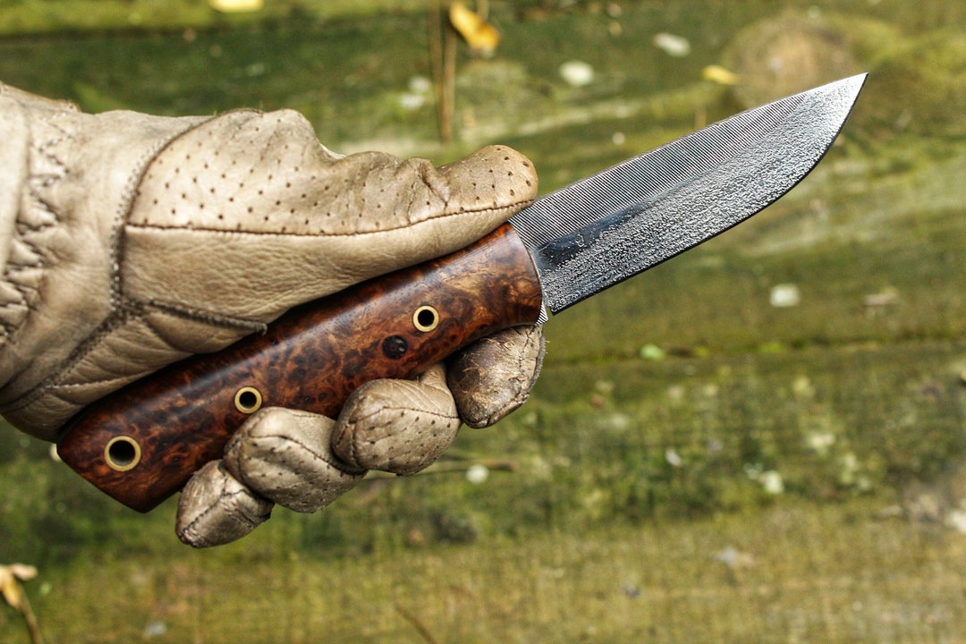 Handmade Custom Knife, W2 Carbon Steel Acid Etching With Root Walnut