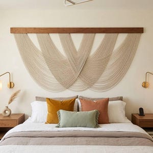 Macramé wandkleed, beige geweven wandtapijt van vezelkunst met gebogen ontwerp