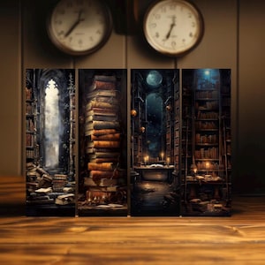 May include: Four different bookmark designs featuring a library theme. Each bookmark has a unique design, including a stack of books, a library with a window, and a library with a moonlit sky.