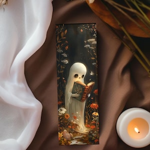 Cute Ghost Reading in a Floral Forest Bookmark/Magical Halloween Garden Page Marker/Reading Accessories/Bookworm Gift
