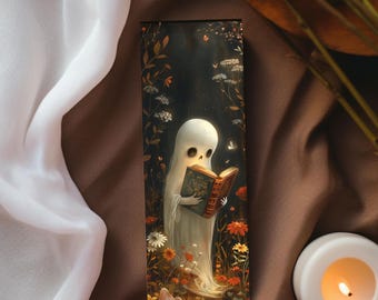 Cute Ghost Reading in a Floral Forest Bookmark/Magical Halloween Garden Page Marker/Reading Accessories/Bookworm Gift
