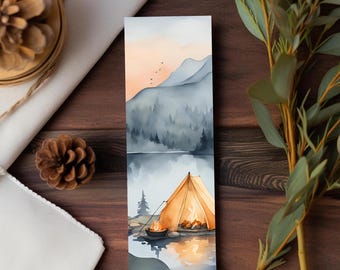 Campfire at the Lake Watercolor Bookmark/Camping Landscape Page Marker/Forest Bookish Gift for Readers