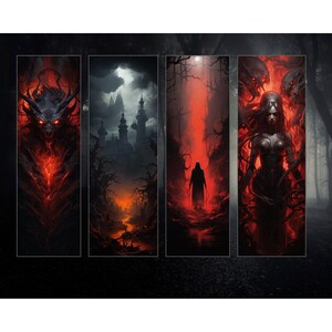 May include: Set of four vertical art prints with a dark fantasy theme. Each print features a different scene with a dominant color palette of red and black. The scenes include a demonic figure, a gothic castle, a silhouetted figure in a red forest, and a female figure with demonic elements.