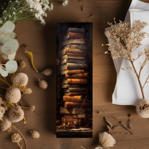 Peut inclure: Une pile haute de livres anciens avec des couvertures en cuir usées et des accents dorés. Les livres sont disposés en une tour, le livre du haut étant légèrement de travers. Les livres sont posés sur une surface en bois foncé avec quelques petits objets éparpillés autour d'eux.
