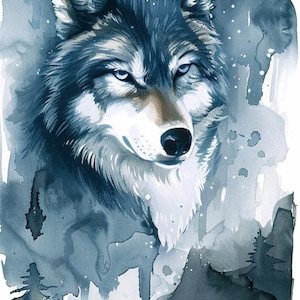 May include: Watercolor painting of a wolf's head, rendered in shades of blue and gray. The artwork features a crescent moon and a forest scene, creating a serene, nature-inspired aesthetic. The wolf's fur is detailed with white highlights.