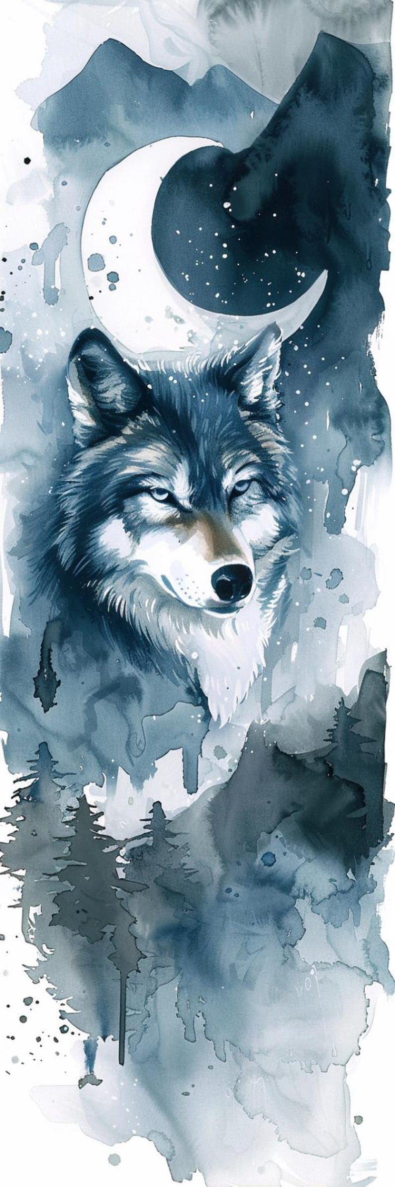 May include: Watercolor painting of a wolf's head, rendered in shades of blue and gray. The artwork features a crescent moon and a forest scene, creating a serene, nature-inspired aesthetic. The wolf's fur is detailed with white highlights.