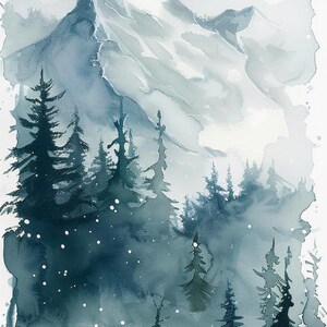 May include: Watercolor painting of a mountain landscape with a wolf on a peak under a crescent moon. The artwork features a palette of blues and grays, with silhouetted evergreen trees in the foreground and birds in flight.