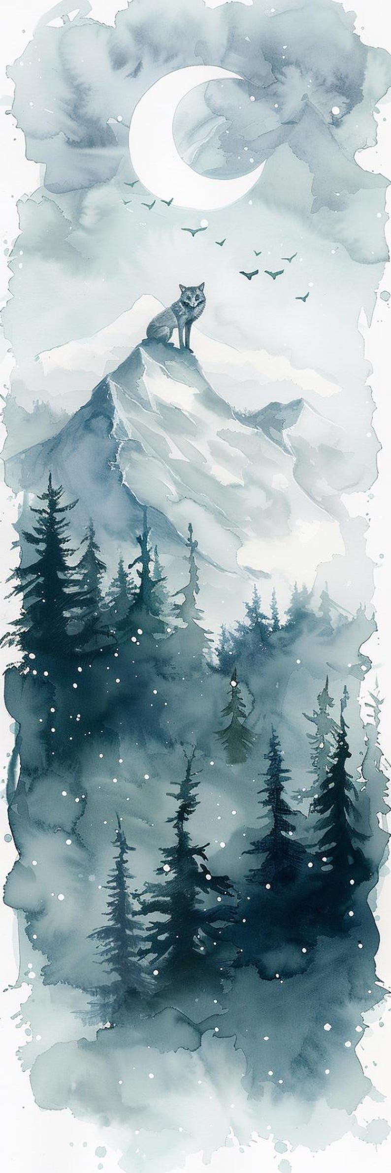 May include: Watercolor painting of a mountain landscape with a wolf on a peak under a crescent moon. The artwork features a palette of blues and grays, with silhouetted evergreen trees in the foreground and birds in flight.