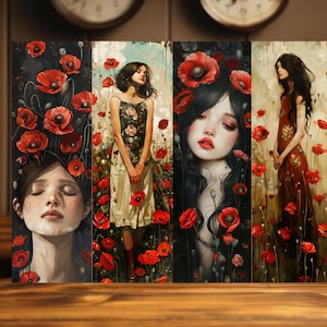 May include: A set of four vertical art prints featuring women and red poppies. The artwork has a painterly style with a focus on the figures and the vibrant red flowers. The background is a mix of dark and light tones.