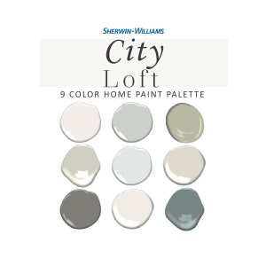 May include: A paint color palette called "City Loft" by Sherwin-Williams, featuring nine different shades of gray, white, and green.