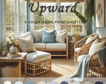 May include: A living room with a light blue wall, a wicker sofa, and two wicker chairs. The room has a large window with a view of the outdoors. The text "Sherwin-Williams Upward 9 Color Home Paint Palette" is displayed on the wall.