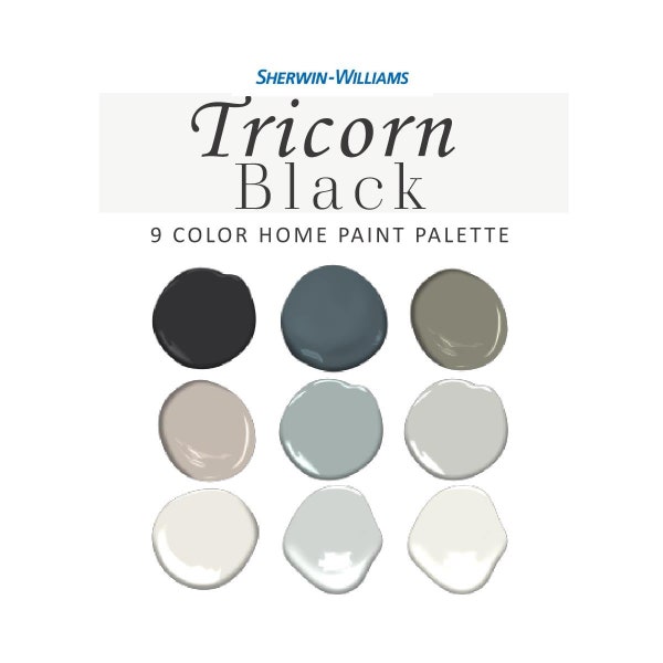 Palette de couleurs de peinture noir tricorne Sherwin Williams, porte d'entrée noir tricorne, extérieur noir tricorne, couleurs de peinture coordonnées pour toute la maison