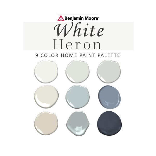 White Heron Paint Color Palette, Benjamin Moore, White Heron vs White Dove, White Heron Undertones, Whole House Paint Color, OC-57