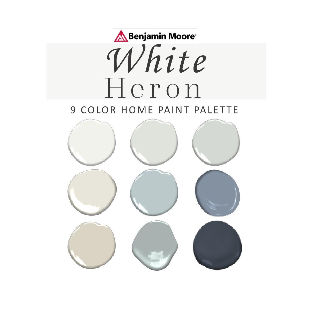 White Heron Paint Color Palette, Benjamin Moore, White Heron Vs White