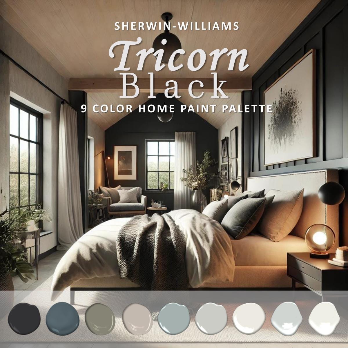Tricorn Black Paint Color Palette, Sherwin Williams, Tricorn Black Front Door, Tricorn Black Exterior, Coordinating Whole House Paint Color