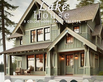 Lake House Paint Color 2024, Sherwin Williams, Cabin Paint Palette, Modern Rustic, Lake House Plan, Lake House Idea, Evergreen Fog SW 9130