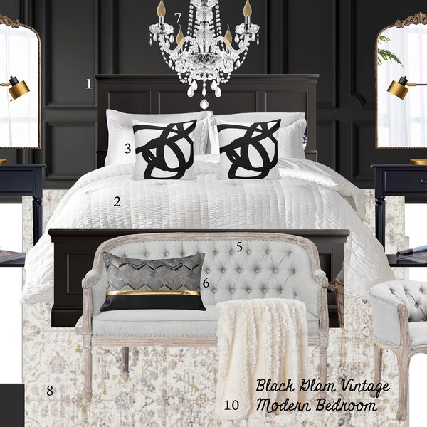 Glam Bedroom Design|Girl's Bedroom|Online Interior Design|Custom Interior Design Service|e-design|Vintage Modern Bedroom|Black Bedroom