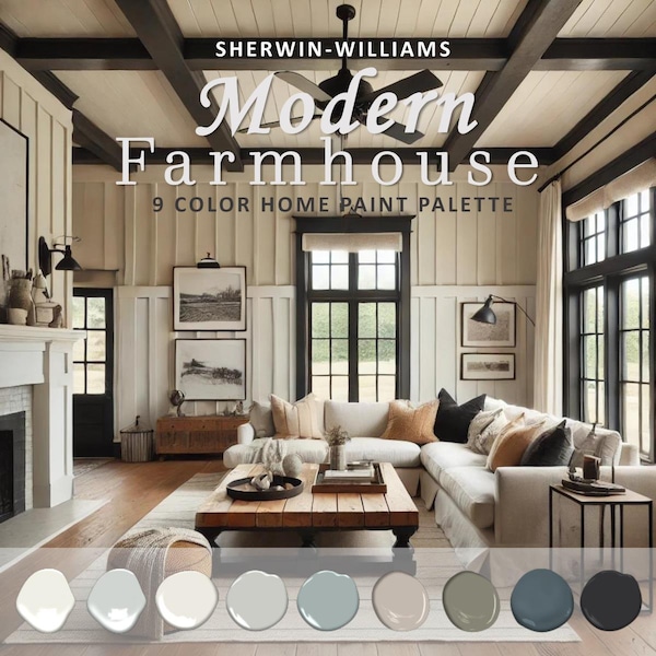 Modern Farmhouse Paint Color Palette, Sherwin Williams, Joanna Gaines, Alabaster, Coordinating Whole House Paint Color 2024