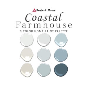 Coastal Farmhouse Paint Color Palette, Benjamin Moore, Blue, Beach House, Coastal Cottage, Blue Paint Colors for Kitchen Cabinets & Bedroom