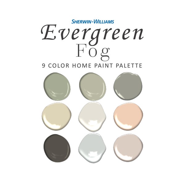 Sherwin Williams Evergreen Fog Paint Color Palette, 2022 Color of the Year, Kitchen Cabinet Exterior, Coordinating Whole House Paint Color