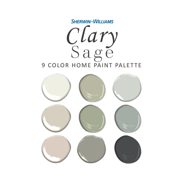 Palette de couleurs de peinture Sherwin Williams Clary Sage, Meilleure couleur de peinture vert sauge, Meilleure couleur de peinture gris vert, Couleur complémentaire Clary Sage