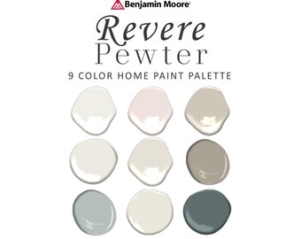 Benjamin Moore Revere Pewter Paint Color Palette, Best Neutral, Cabinets, Exterior, White Dove, Coordinating Whole House Paint Color 2023