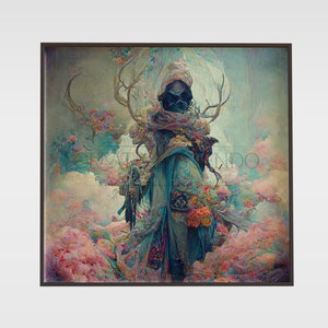 K&ouml;nnte beinhalten: Ein Gem&auml;lde einer Person mit einem blauen Umhang und Geweih, die in einem Feld aus rosa und blauen Blumen steht. Die Person tr&auml;gt eine Maske und einen dunkelblauen Umhang. Der Hintergrund ist in einem sanften Pastellblau gehalten.