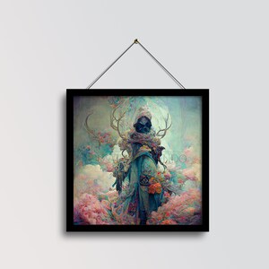 K&ouml;nnte beinhalten: Ein digitales Gem&auml;lde einer Person, die einen Kapuzenumhang und Geweih tr&auml;gt und in einer traumhaften Landschaft mit rosa und blauen Wolken steht. Die Person h&auml;lt einen Blumenstrau&szlig;.