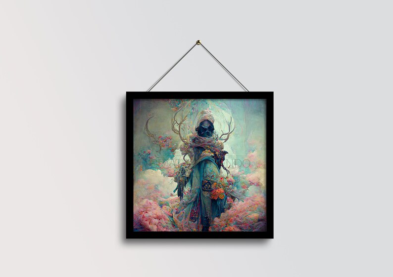 K&ouml;nnte beinhalten: Ein digitales Gem&auml;lde einer Person, die einen Kapuzenumhang und Geweih tr&auml;gt und in einer traumhaften Landschaft mit rosa und blauen Wolken steht. Die Person h&auml;lt einen Blumenstrau&szlig;.