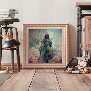 K&ouml;nnte beinhalten: Ein gerahmter Druck einer Fantasy-Illustration mit einer Figur mit Geweih und flie&szlig;endem Gewand, die in einem Blumenfeld steht. Der Druck ist in einem goldenen Rahmen und h&auml;ngt an einer Wand.