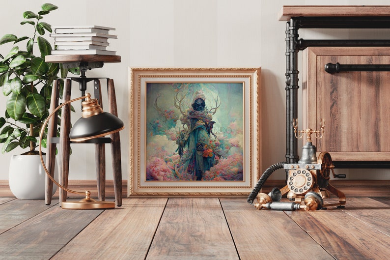 K&ouml;nnte beinhalten: Ein gerahmter Druck einer Fantasy-Illustration mit einer Figur mit Geweih und flie&szlig;endem Gewand, die in einem Blumenfeld steht. Der Druck ist in einem goldenen Rahmen und h&auml;ngt an einer Wand.