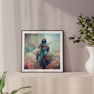 K&ouml;nnte beinhalten: Ein gerahmter Druck eines digitalen Gem&auml;ldes, das eine Person in einem Kapuzenmantel zeigt, die in einer fantastischen Landschaft mit rosa Wolken und einem Halbmond steht. Die Person h&auml;lt einen Stab mit Geweih und ist von Blumen umgeben.