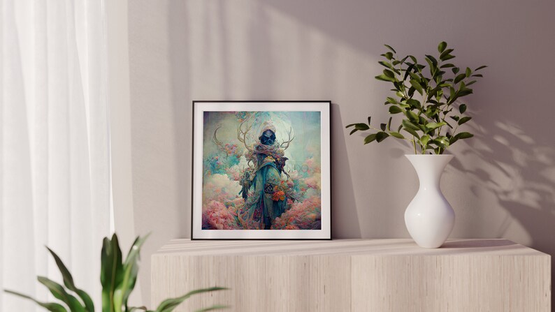 K&ouml;nnte beinhalten: Ein gerahmter Druck eines digitalen Gem&auml;ldes, das eine Person in einem Kapuzenmantel zeigt, die in einer fantastischen Landschaft mit rosa Wolken und einem Halbmond steht. Die Person h&auml;lt einen Stab mit Geweih und ist von Blumen umgeben.