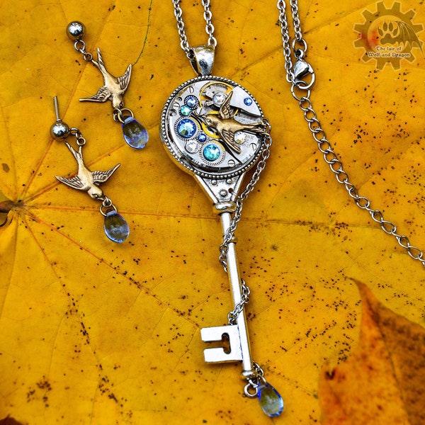 Steampunk spring set Fantasy key necklace with real clockwork Bird earrings Bird jewelry