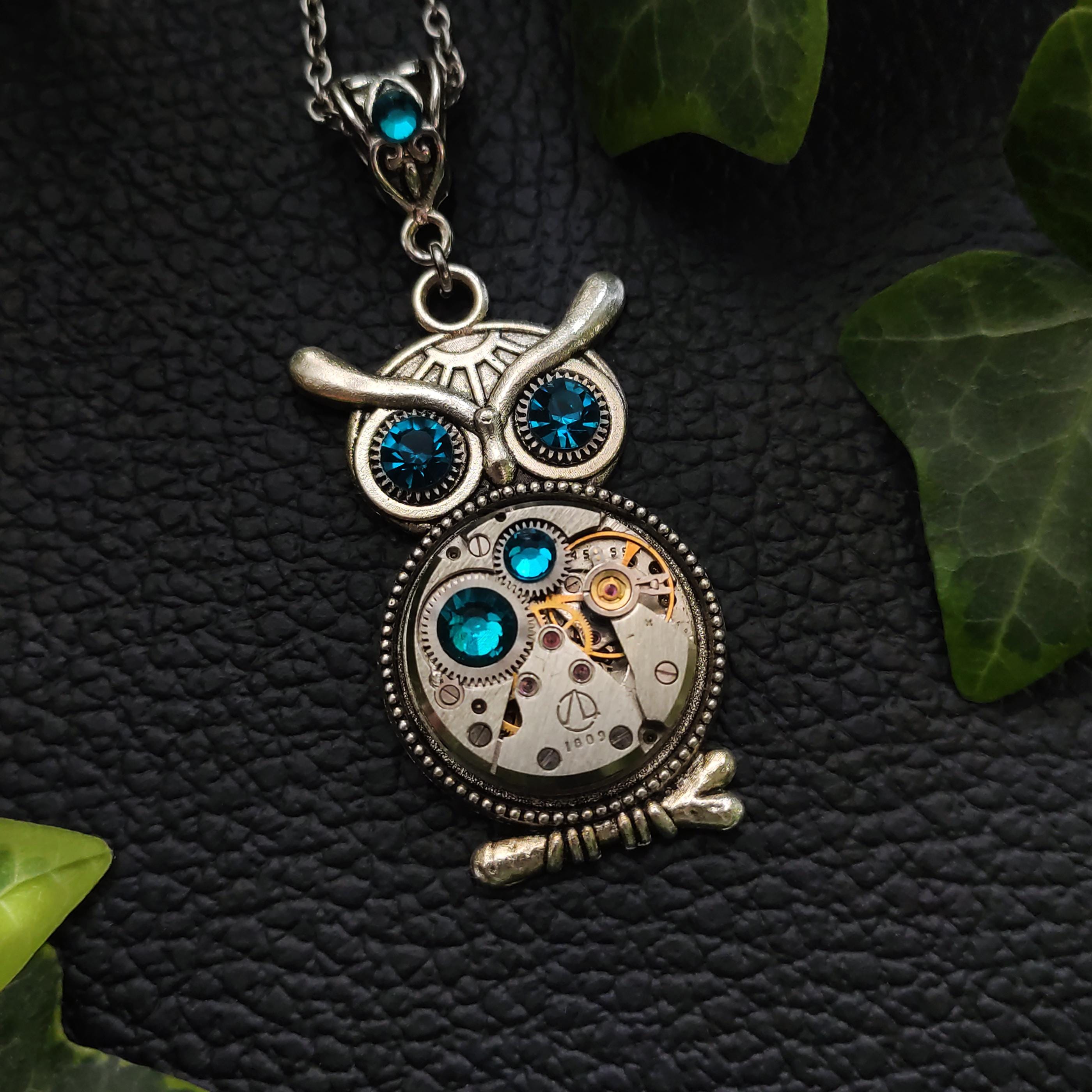 Steampunk Owl Necklace – Fantasy Forest Pendant with Watch Gears & Blue Crystals, Nature I