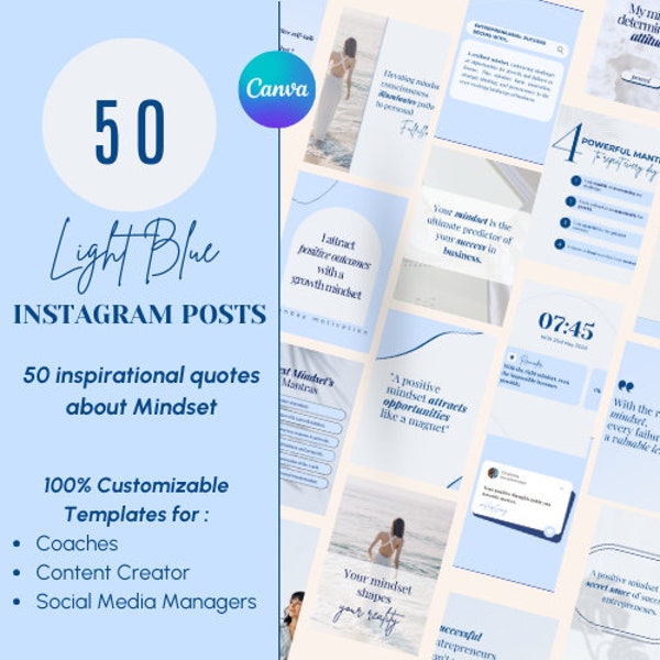 50 blue Instagram templates for MINDSET coaches - Social media templates blues - Canva Templates - Motivation templates post for instagram